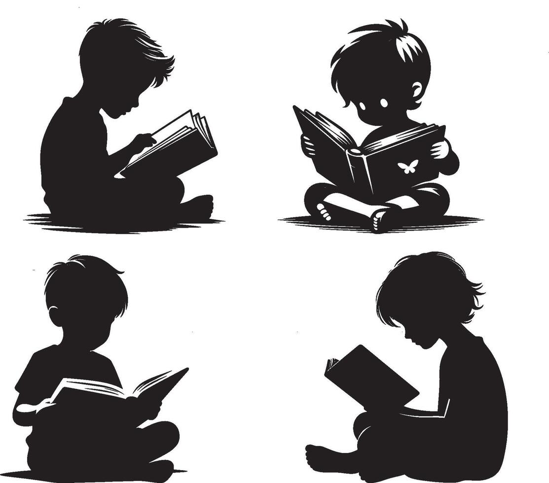 Silhouettes of Children Reading Books vector