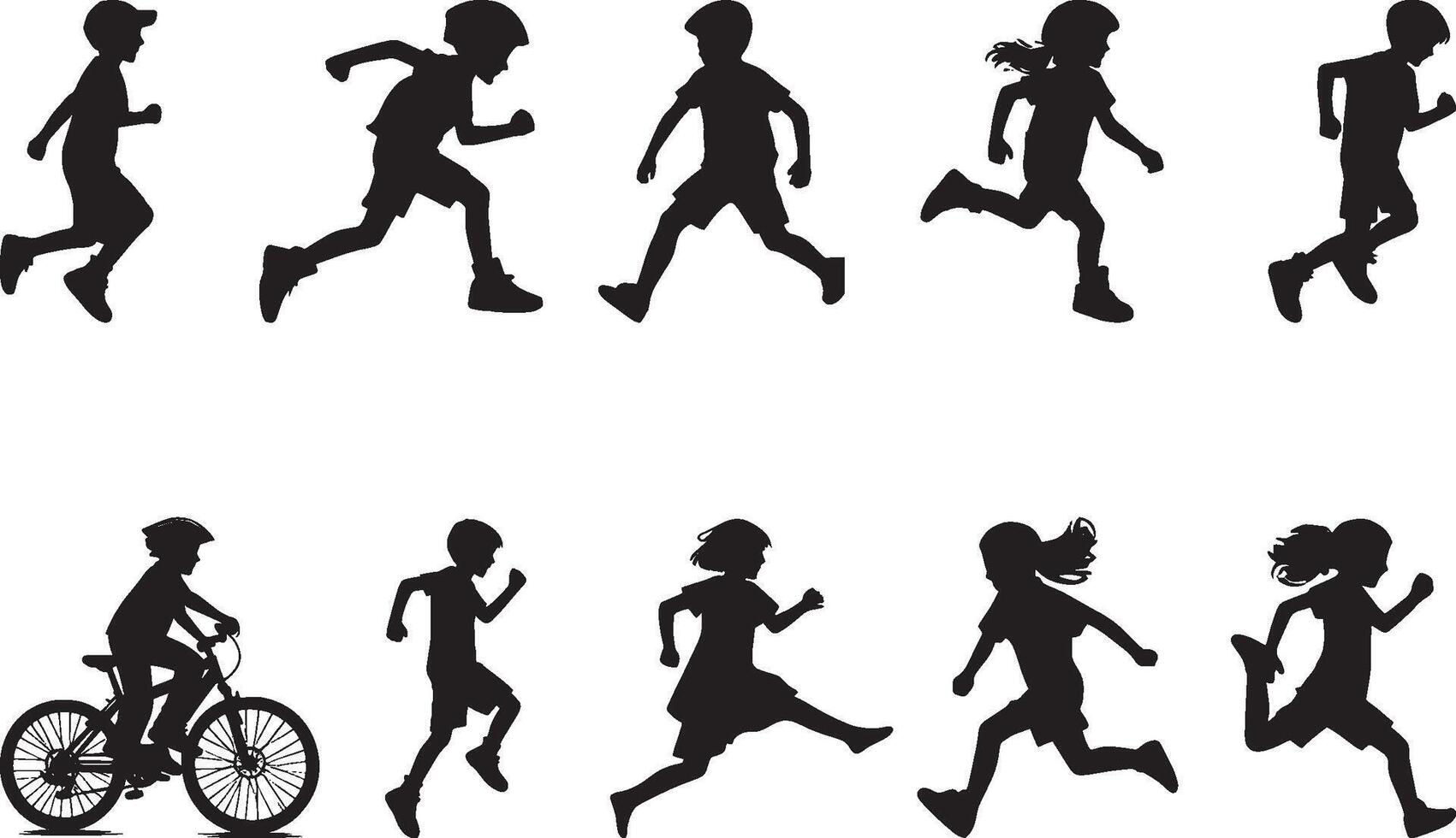 Silhouettes of Kids Running and Cycling vector