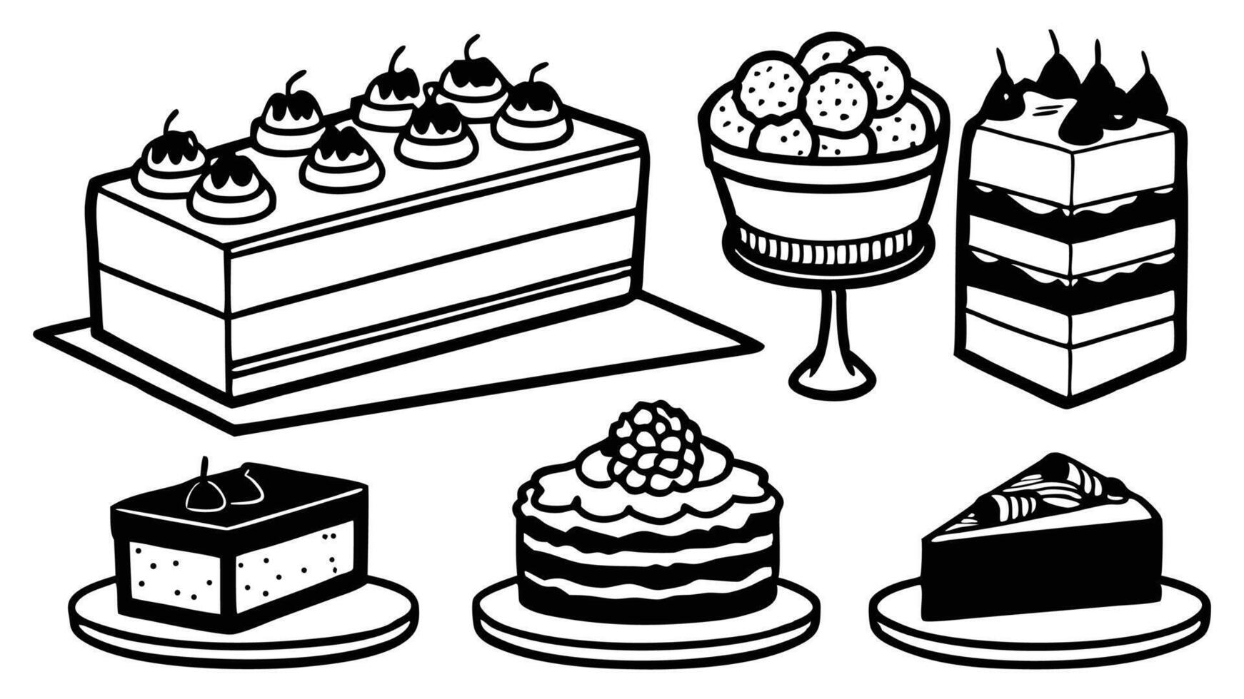 A delicious illustration showcases a set of sweet birthday cakes and cupcakes, adorned with chocolate, cream, cherries, and festive party decorations vector