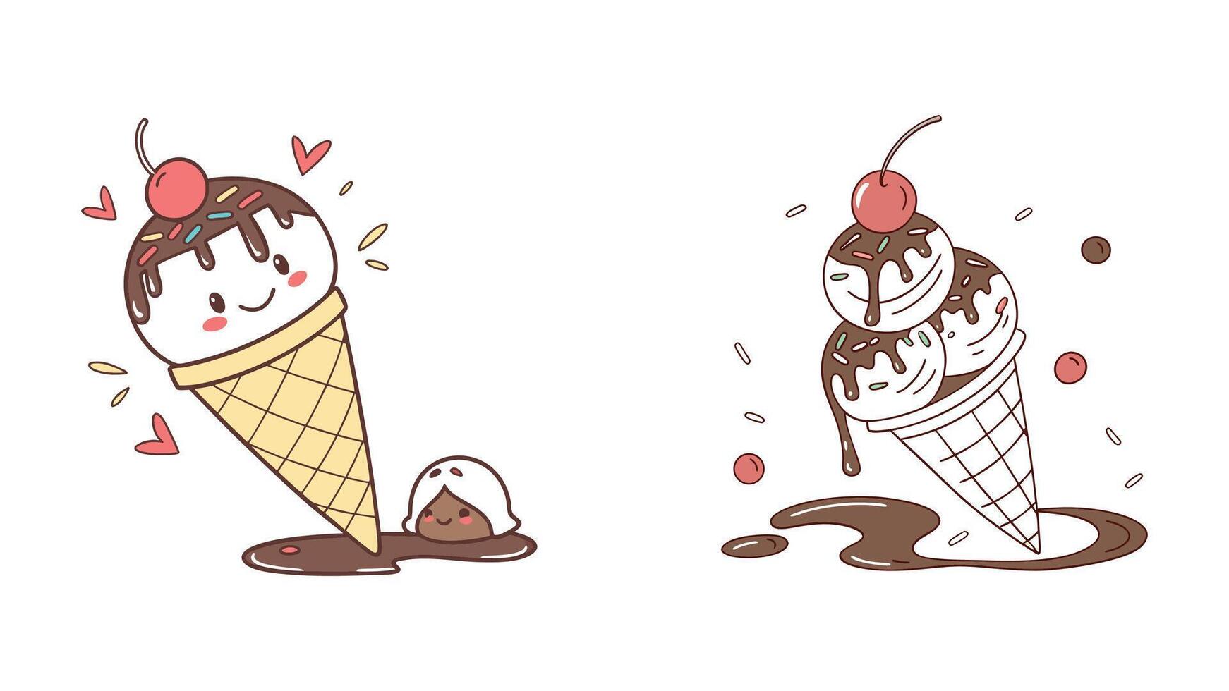 Cute cartoon-style ice cream cone with two scoops of vanilla ice cream topped with colorful sprinkles, dripping chocolate syrup vector