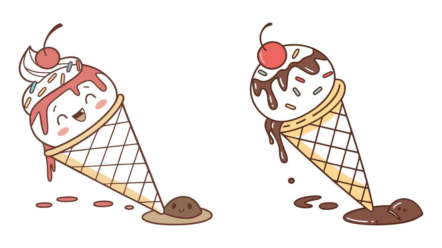 Cute cartoon-style ice cream cone with two scoops of vanilla ice cream topped with colorful sprinkles, dripping chocolate syrup and clean illustration vector