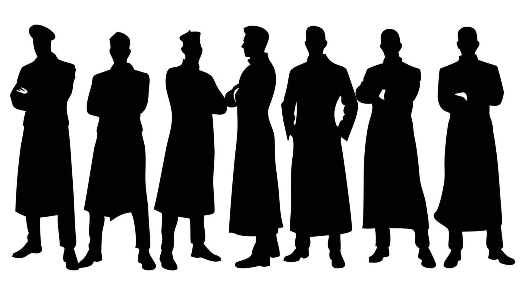 Set of male silhouette figures in long coats or robes includes various standing poses, group of business people, silhouettes of people vector
