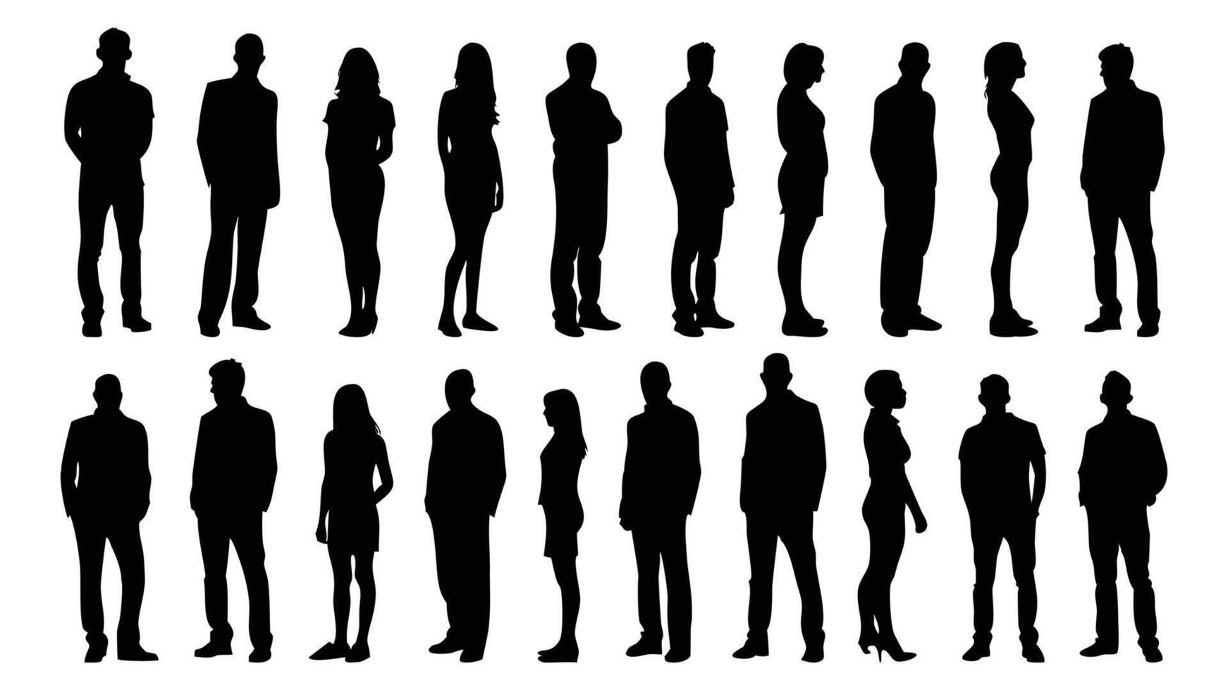 Silhouettes of business people and a walking man in suits illustrate a black collection of a standing group, silhouettes of man and woman vector