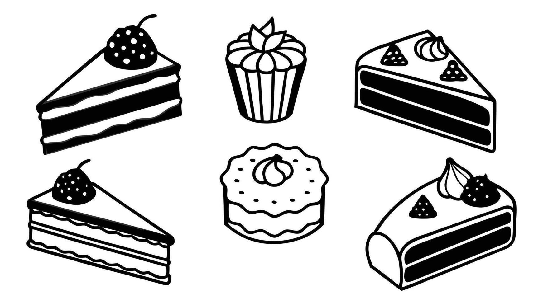 A set of sweet bakery icons and cartoon illustrations features various delicious cakes, cupcakes, and pastries, perfect for food and birthday celebrations vector