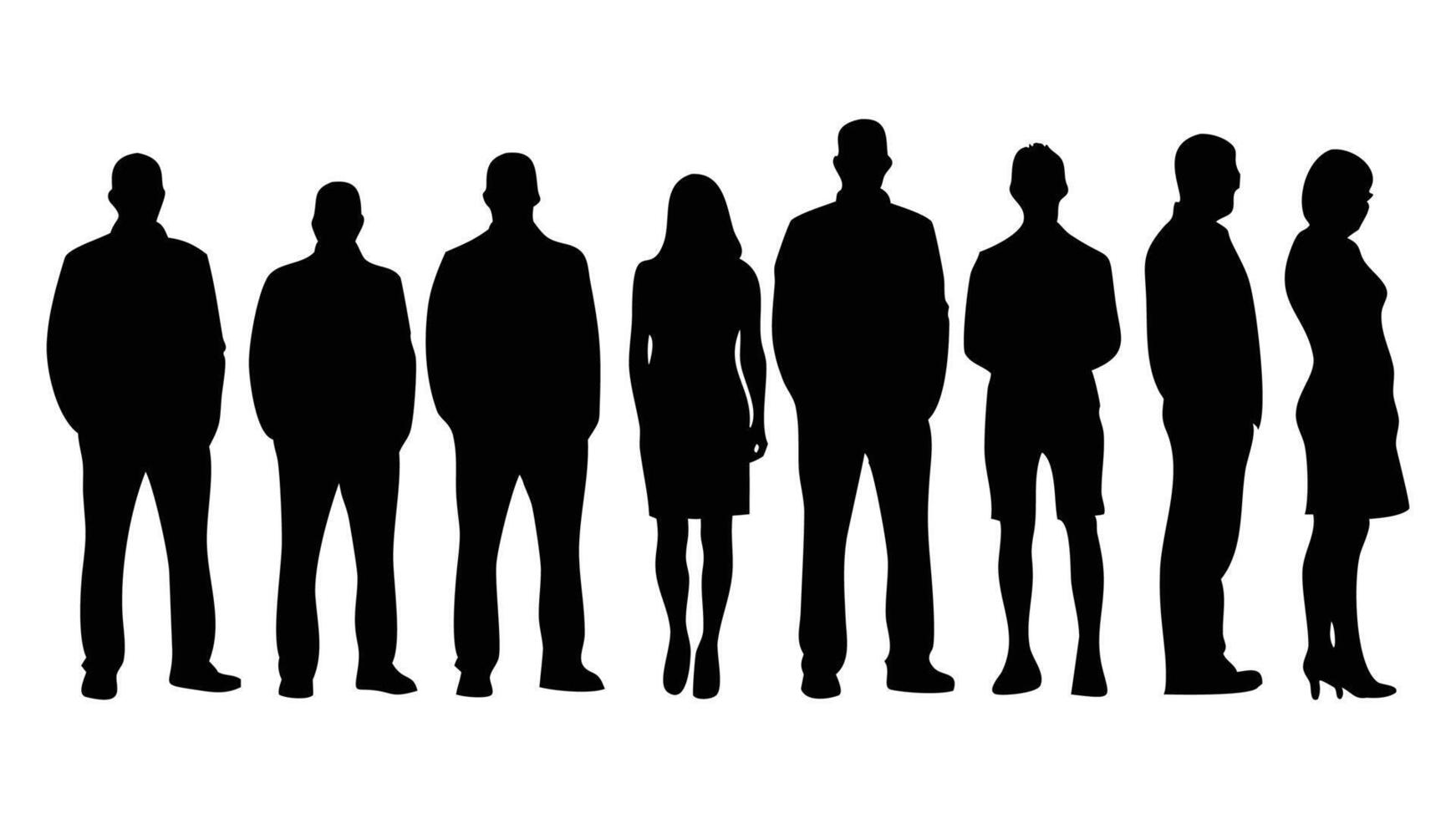 Silhouettes of a businessman and a woman stand in a group, a illustration depicting a team of people as black outlines vector
