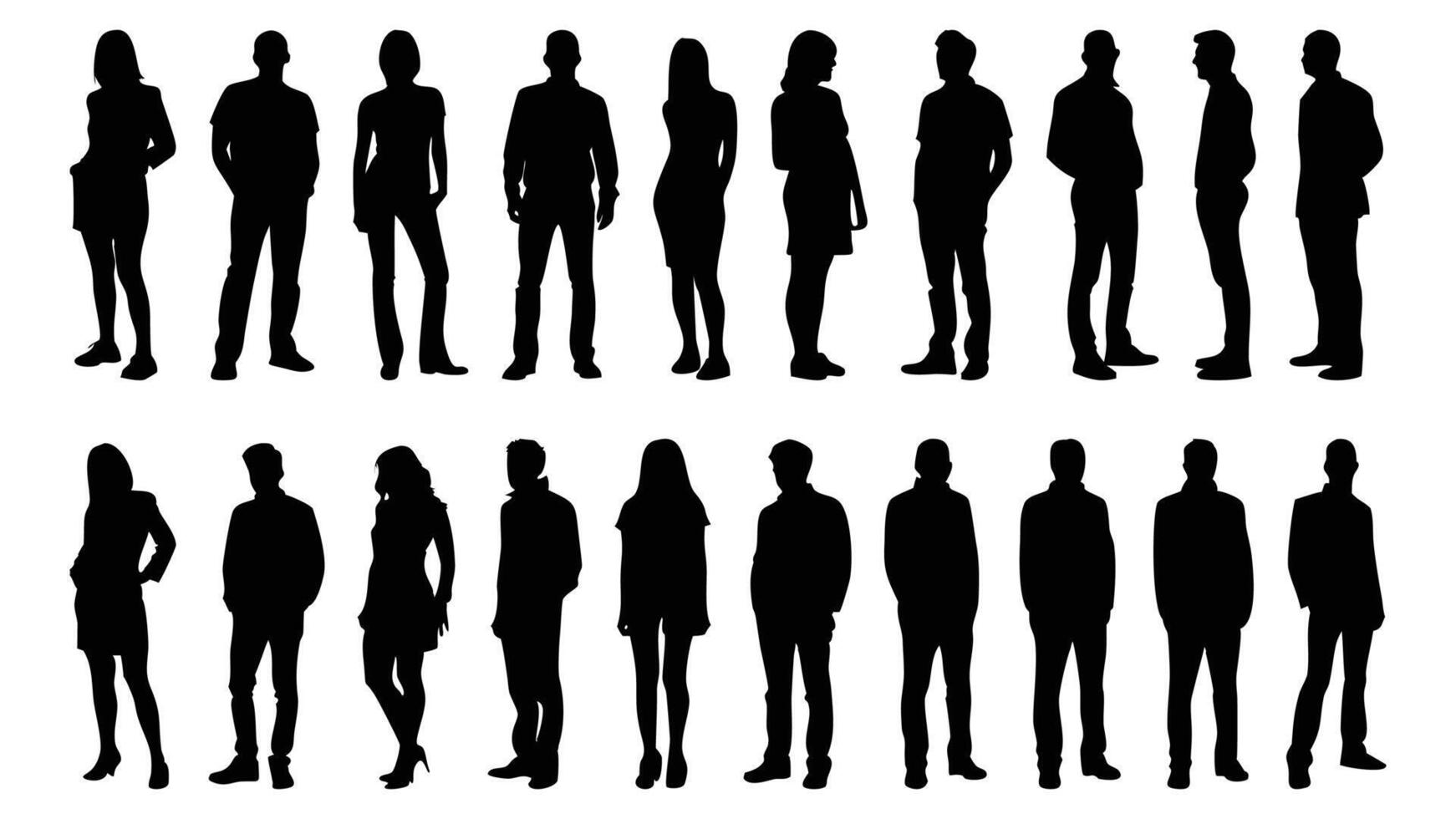 Silhouettes of business people and fashion models, a collection of men, women, and a boy in various poses vector
