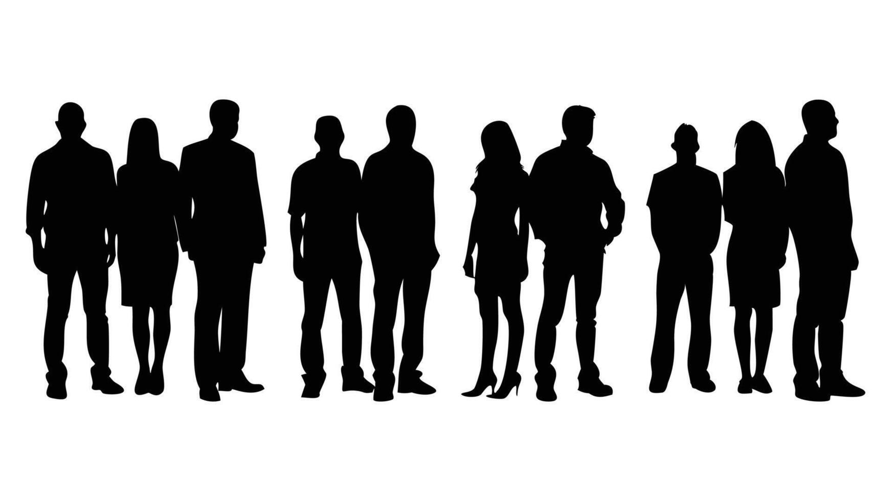 Silhouettes of a business group, including men and women, stand as a illustration of teamwork, group of business people vector
