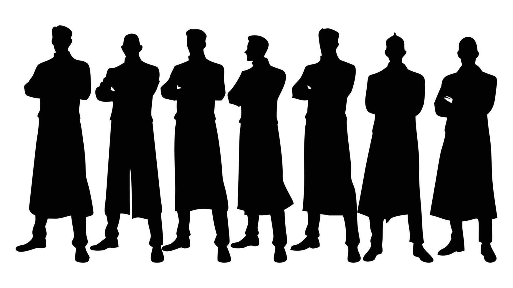 Set of male silhouette figures in long coats or robes includes various standing poses, group of business people vector
