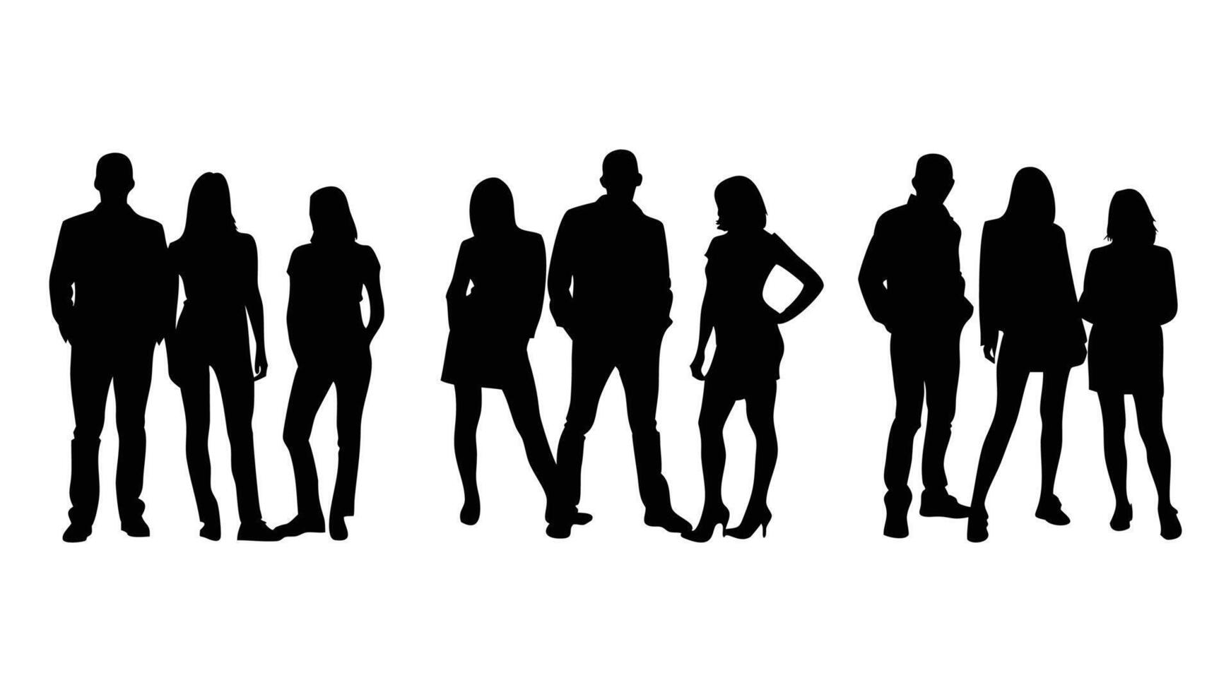 Silhouettes of a business team, a group of men and women, are shown in a black illustration, group of people silhouettes vector