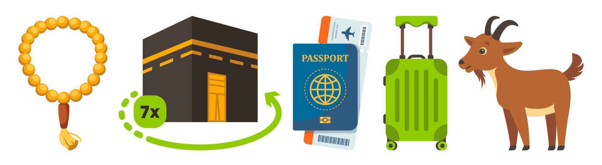 Illustration depicts Hajj pilgrimage preparation, showcasing essential items and symbolic elements for the religious journey. vector
