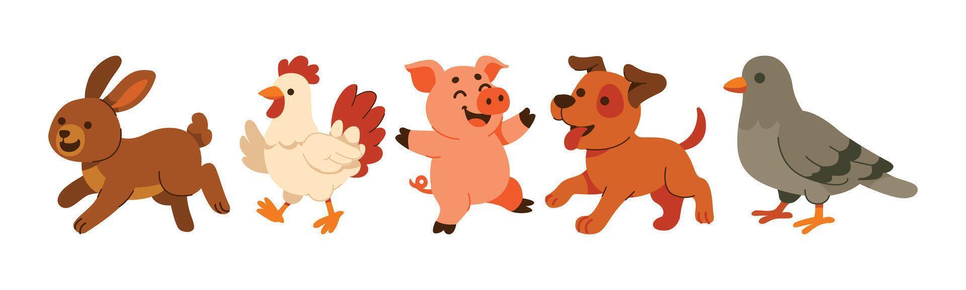 Charming illustration of various farm animals depicted in a cheerful cartoon style. A playful ensemble of characters creates a lighthearted composition. vector