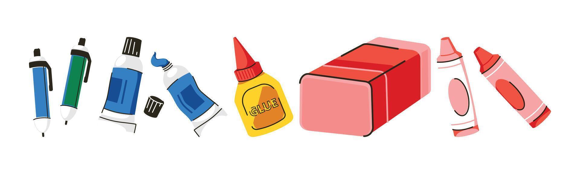 An assortment of colorful craft and stationery supplies for drawing, writing, coloring, gluing, and erasing. Perfect for educational and artistic projects. vector
