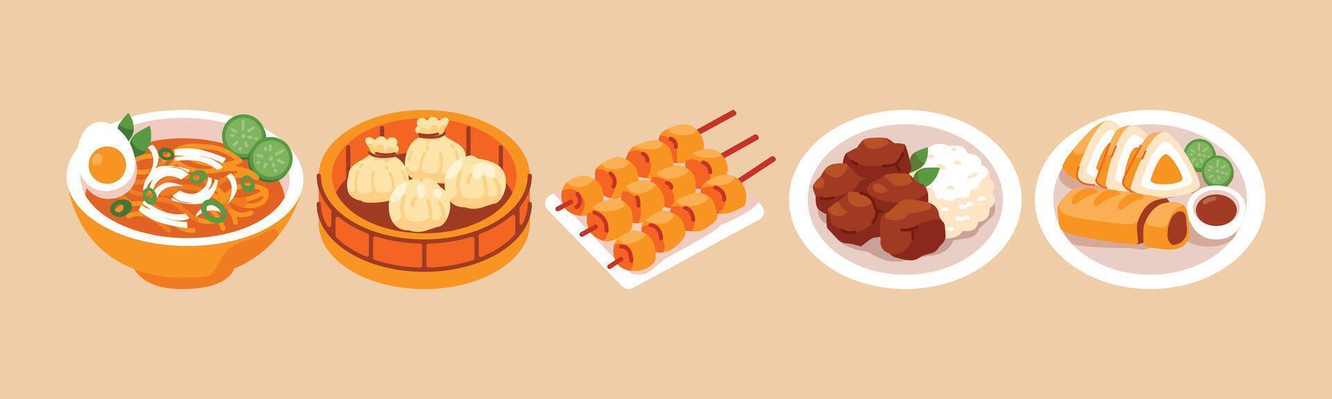 Illustration of assorted Asian dishes including noodle soup, dim sum, satay skewers, meatballs with rice, and spring rolls. Represents Asian culinary diversity. vector