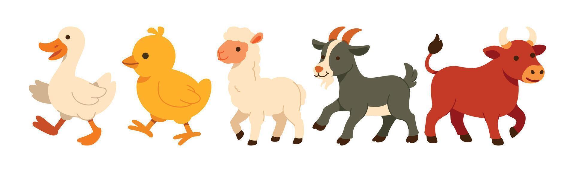 Cartoon illustration featuring a group of cute and cheerful farm animals including a duck, chicken, sheep, goat and bull, all in a playful and lively design. vector