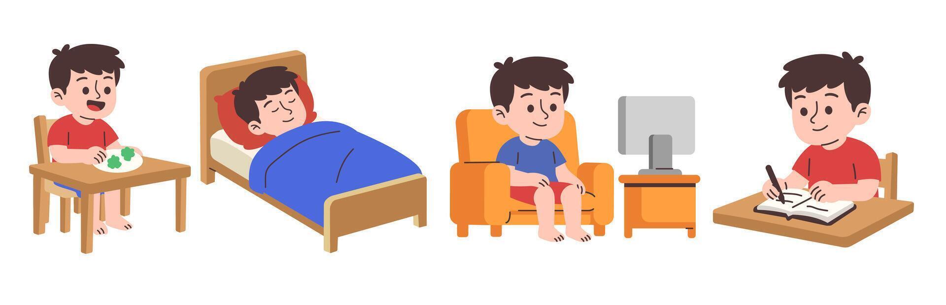 Illustration featuring a cartoon boy doing his daily routine at home, including eating, sleeping, watching TV, and studying. vector