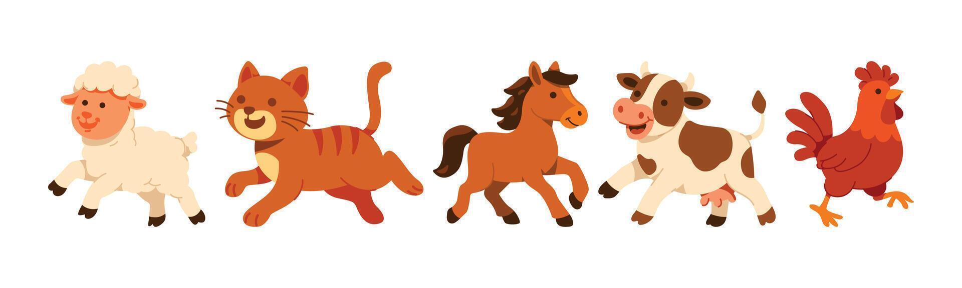 A colorful illustration featuring a cheerful lineup of farm animals, a sheep, cat, horse, cow, and chicken. Perfect for children designs. vector