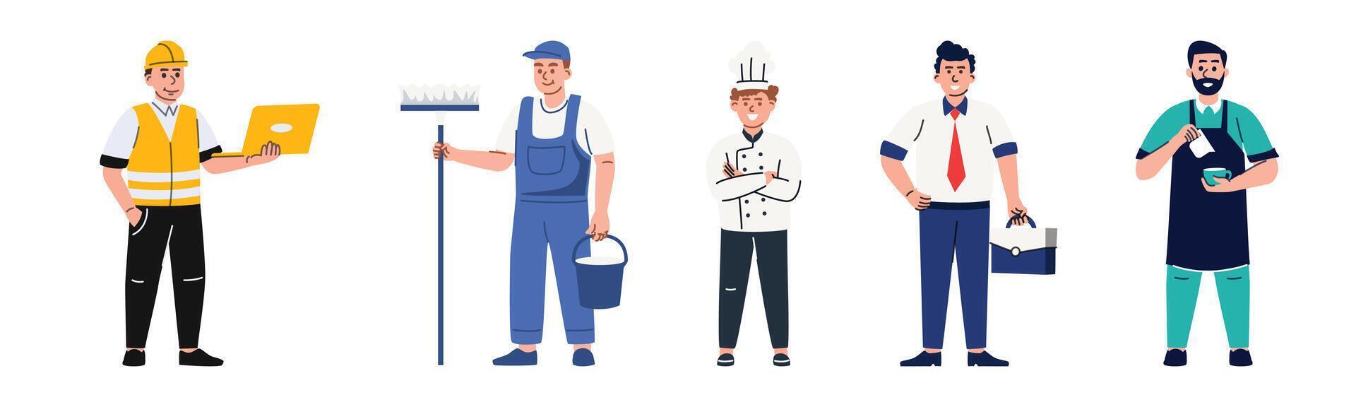 A diverse group of professionals in their uniforms represents various occupations, symbolizing teamwork and service excellence. vector