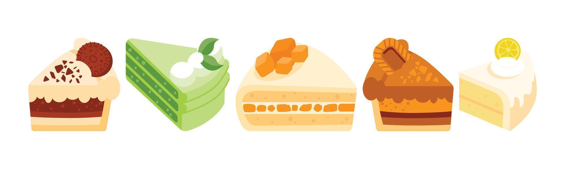 Illustration of different cake slices. Perfect for bakery menus, culinary designs or sweet treats themed projects. vector