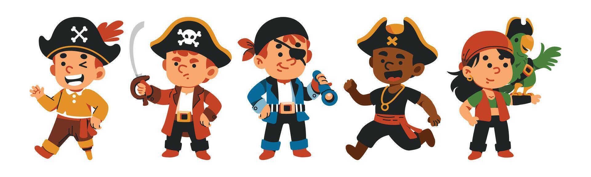 A playful cartoon illustration of diverse pirate characters. Perfect for children's books, adventure themes, or seafaring designs. vector