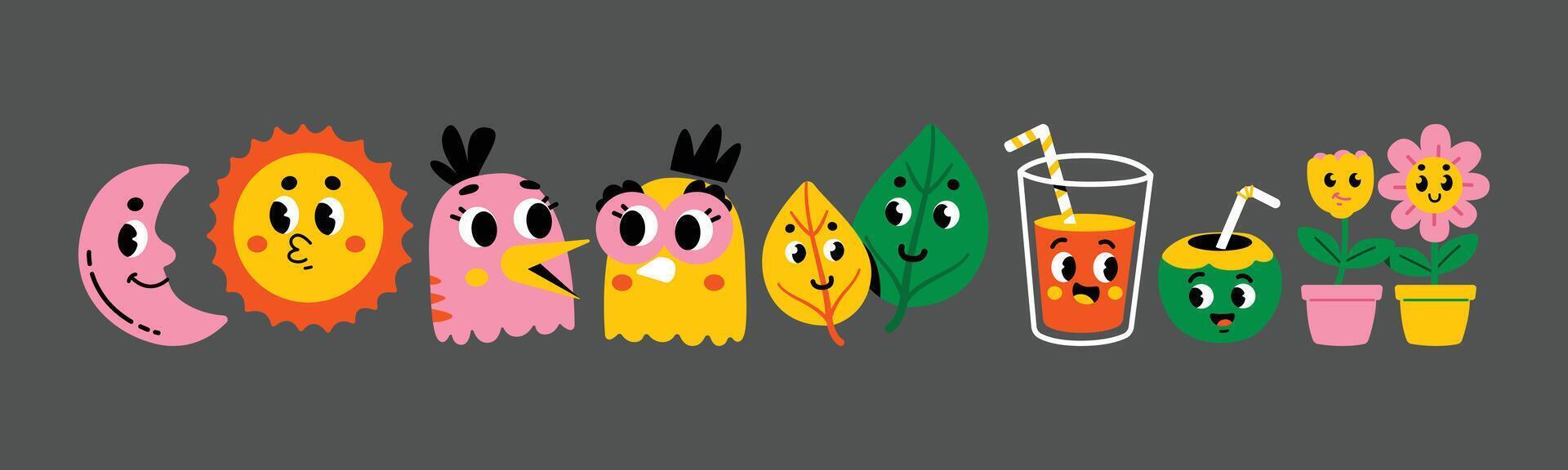 A delightful collection of cute cartoon characters, including a smiling moon, cheerful sun, playful birds, vibrant leaves, refreshing juice, happy coconut, and lovely flowers. vector