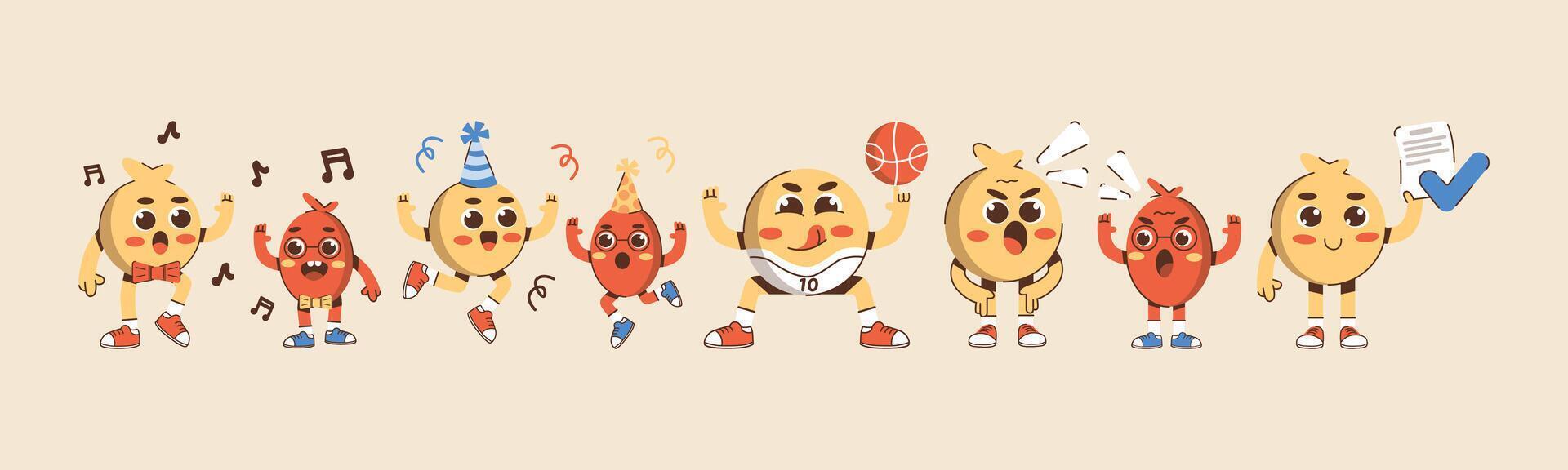 Playful cartoon characters joyfully celebrate teamwork, success and happy moments with dance, music, parties, sports and agreements. vector