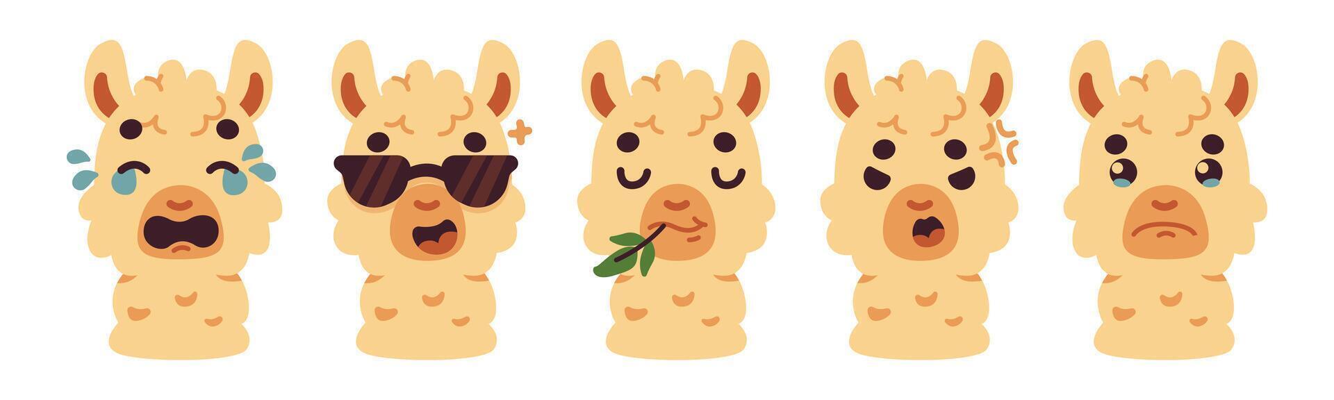Collection of cartoon llama expressions showcasing a range of emotions, from happiness and coolness to sadness and anger. This whimsical set is perfect for adding a touch of humor to any project. vector