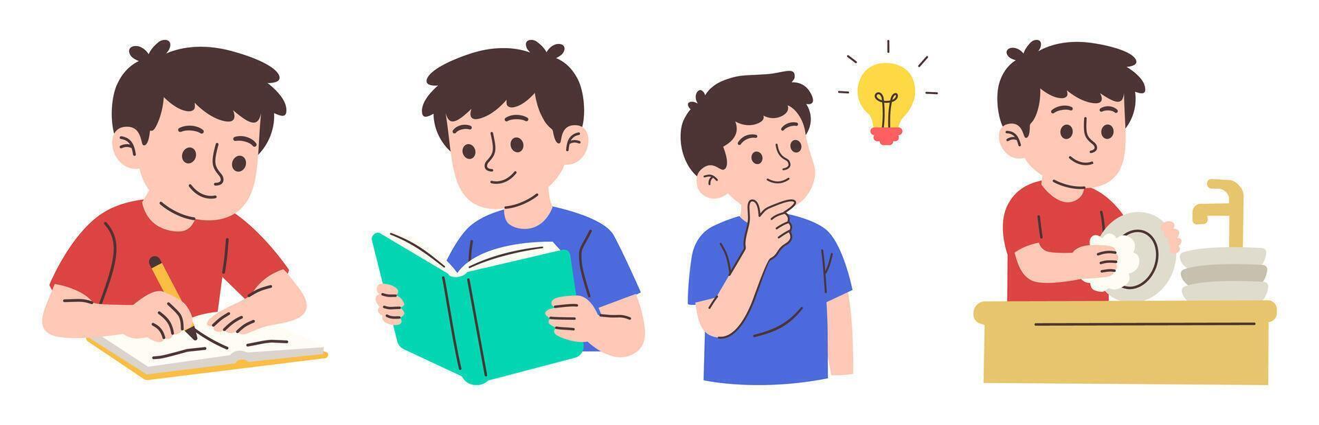 Cartoon boy character engaged in learning, creative thinking, and chores, depicting daily life and responsibility. vector