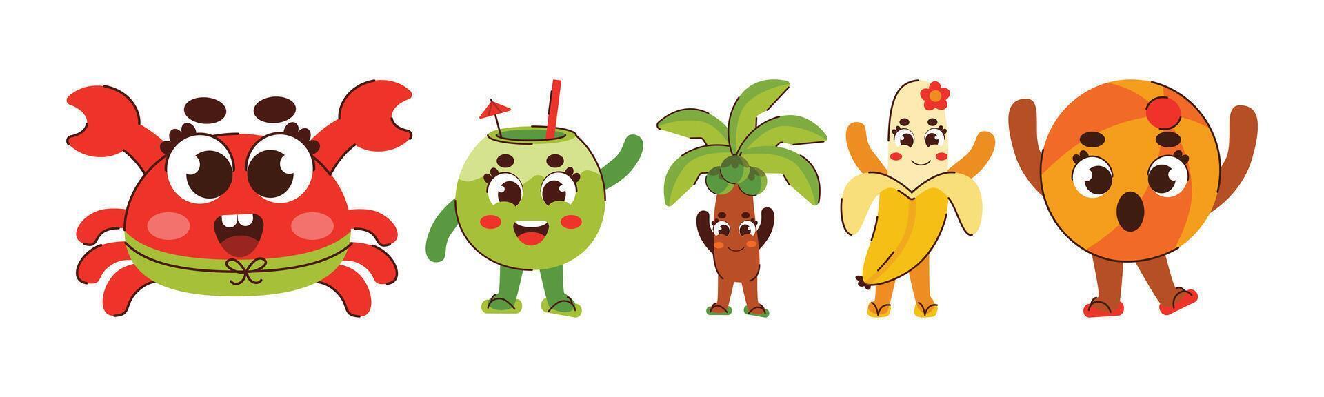 A vibrant illustration showcases several cute and cheerful fruit cartoon characters including a crab, coconut, palm tree, banana and orange, perfect for children's designs. vector