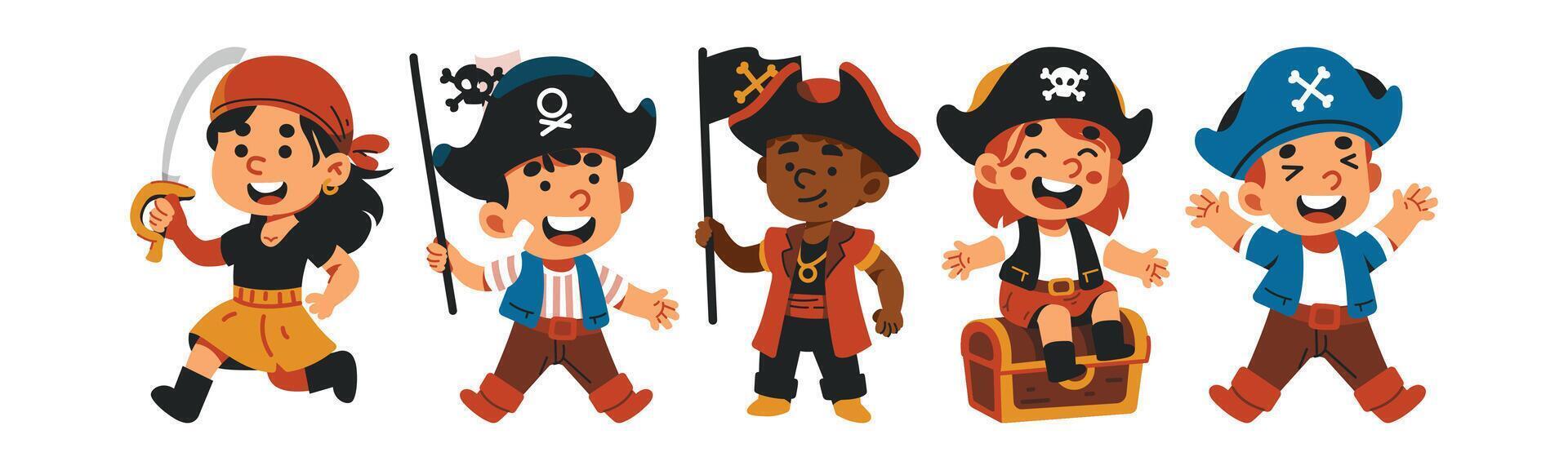 Group of cartoon kids dressed as pirates. Cheerful and colorful pirates for a party, children's event, adventure story, or playful design project. vector