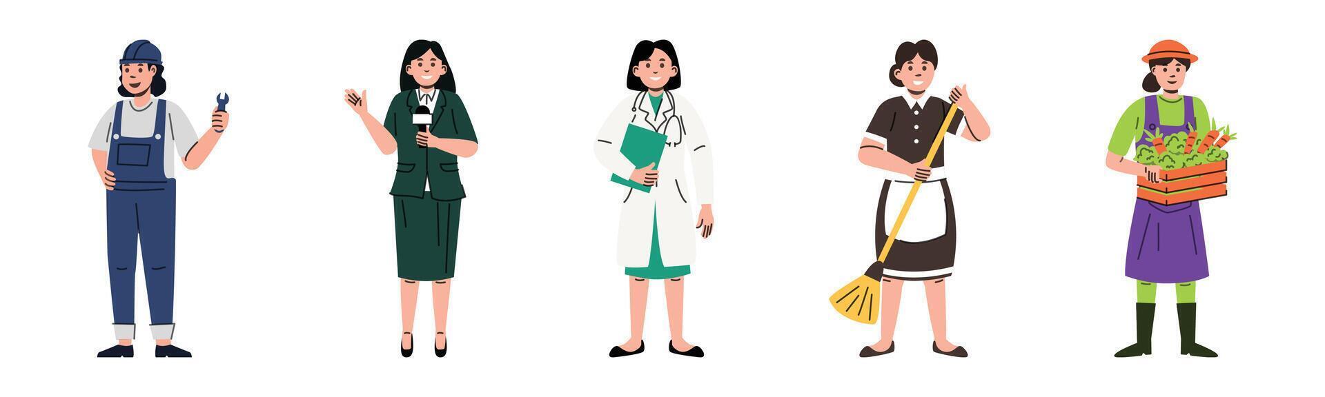 A diverse group of women representing various professions. They include an engineer, a reporter, a doctor, a cleaner, and a farmer, showcasing female empowerment. vector
