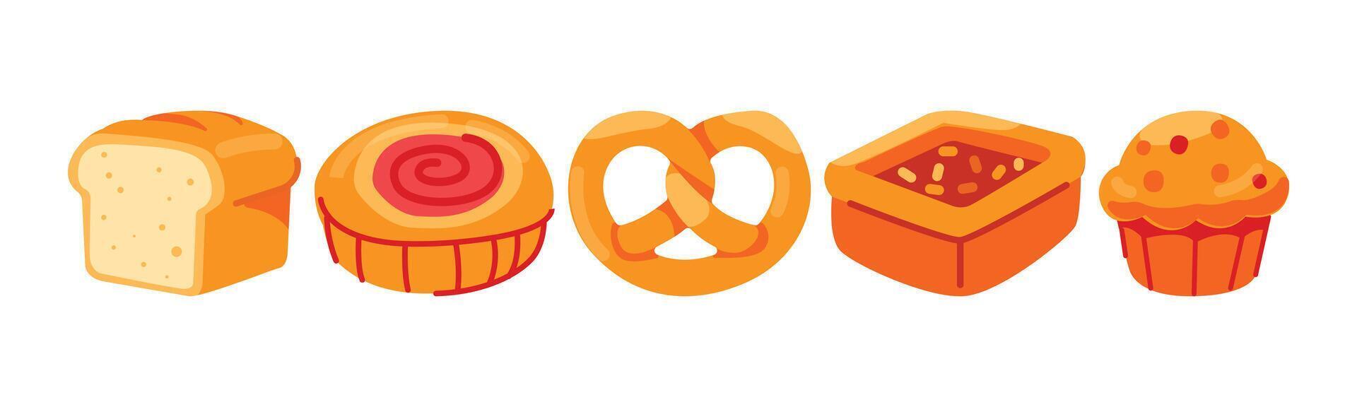 A illustration of various baked goods, including bread, a bun, a pretzel, and a cupcake, in a bright and cheerful cartoon style. vector