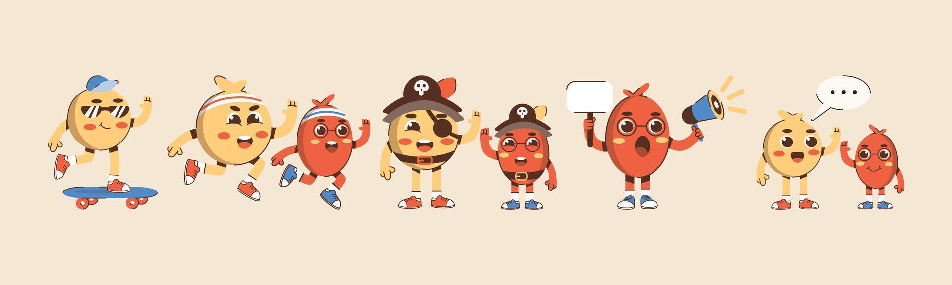 A playful group of animated characters showcasing diverse activities and expressions, perfect for children's content or lighthearted promotional materials. vector