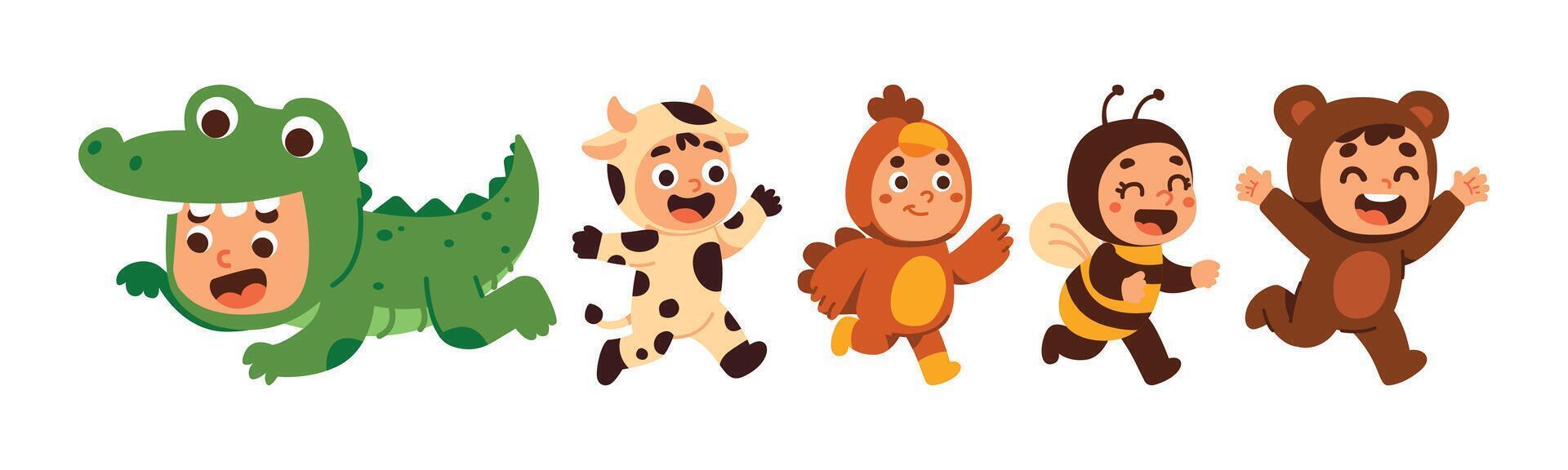 Cartoon illustration featuring kids dressed in playful animal costumes. They are running and having fun, evoking joy and imagination. vector