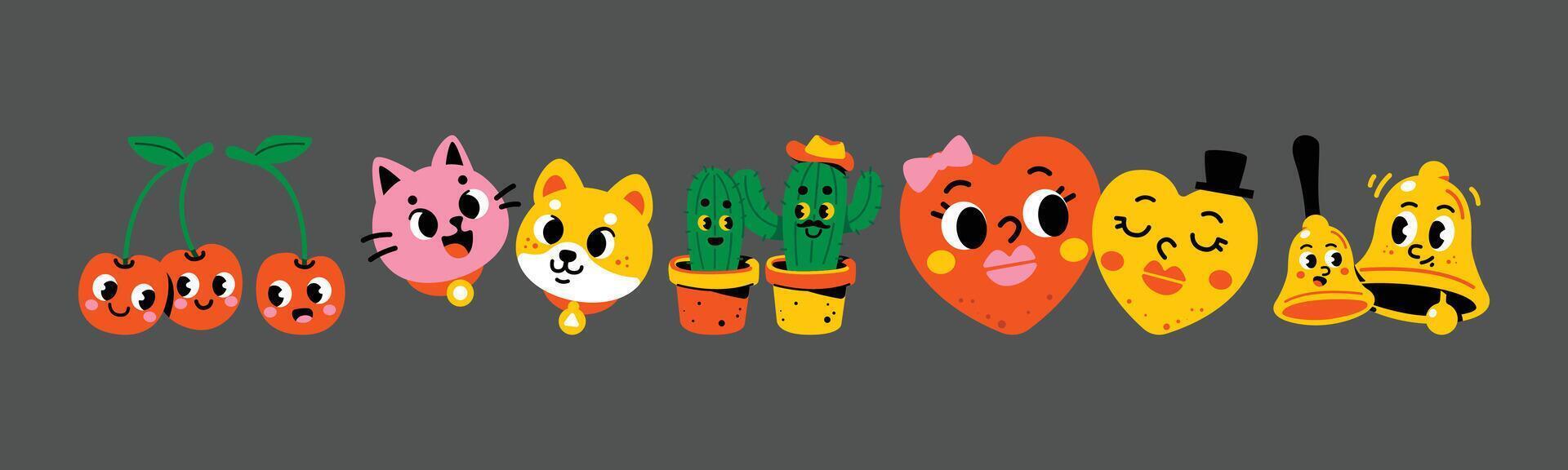 Delightful illustration featuring cartoon characters including cherries, a cat, a dog, cacti, hearts, and bells against a gray background, radiating joy, fun, and a playful spirit. vector