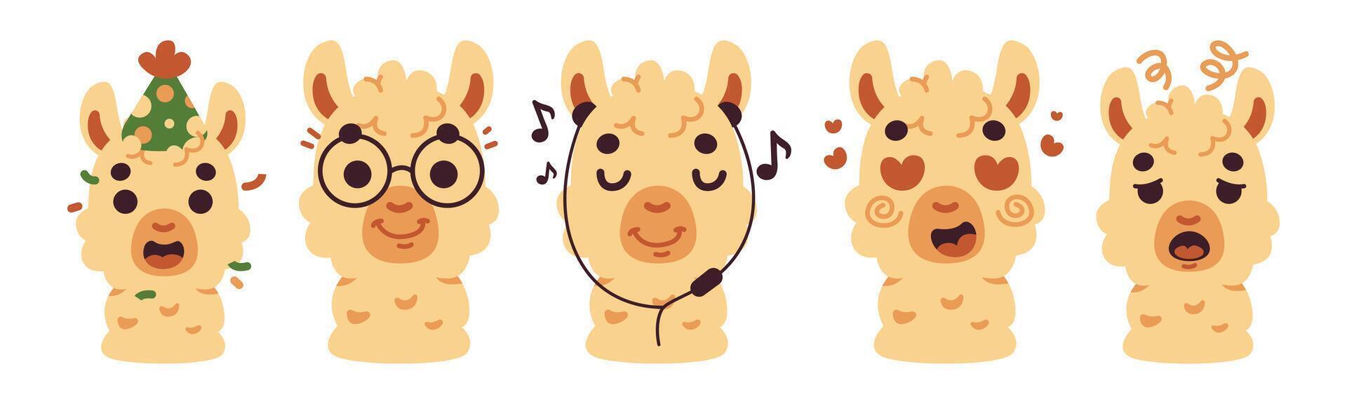Illustrative arrangement showing five whimsical llamas exhibiting diverse emotions and activities. These characters are expressive, creating a playful and cheerful atmosphere. vector