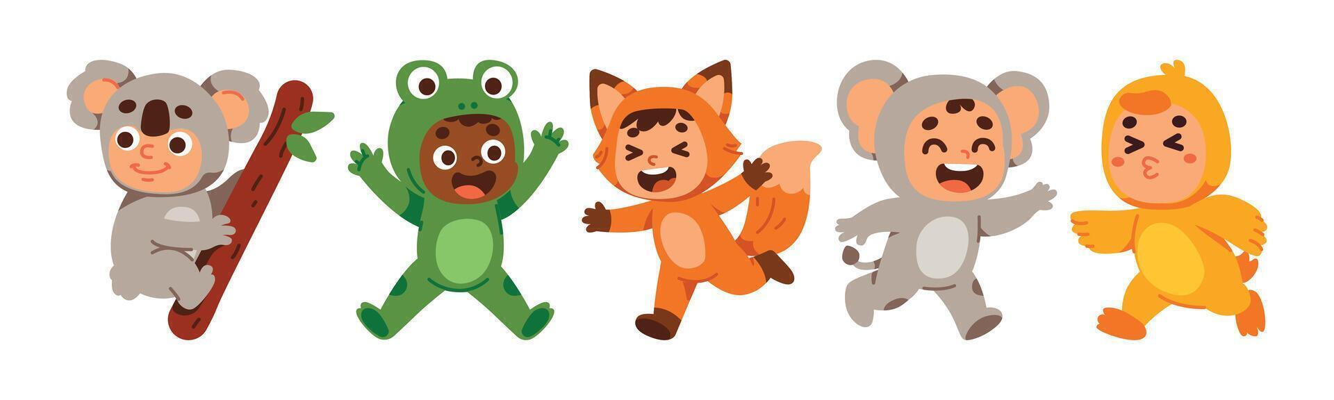 Cheerful kids wearing cartoon animal costumes such as koala, frog, fox, mouse and duck. Children are happily playing in the event. vector