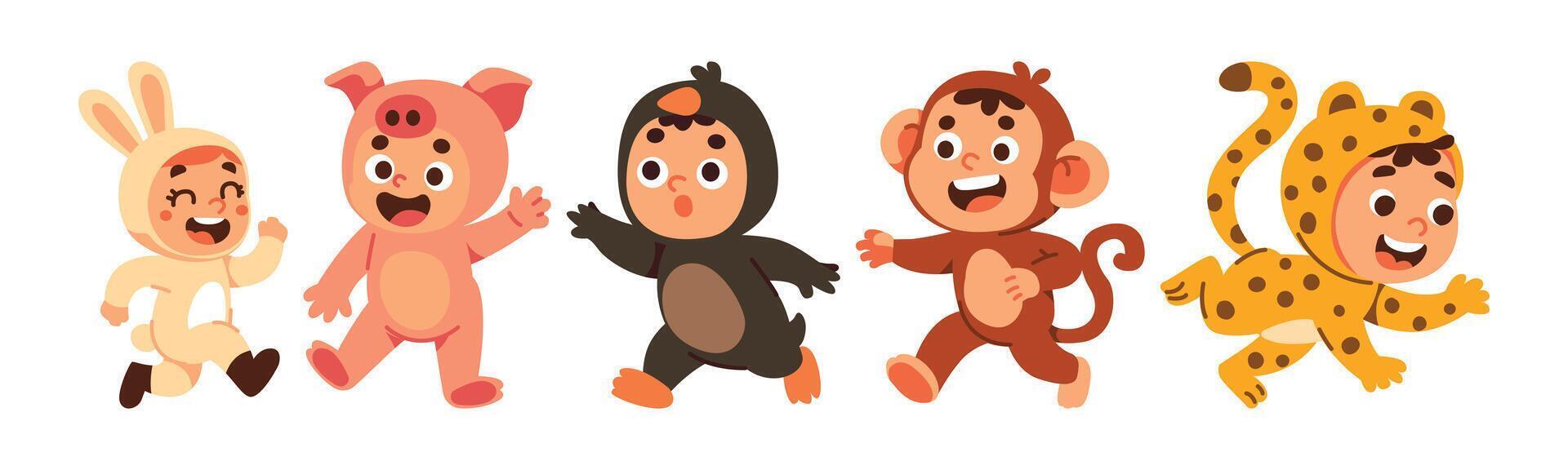 Cheerful children in animal costumes. Cute kids in bunny, pig, penguin, monkey, and jaguar outfits enjoying a fun party. vector