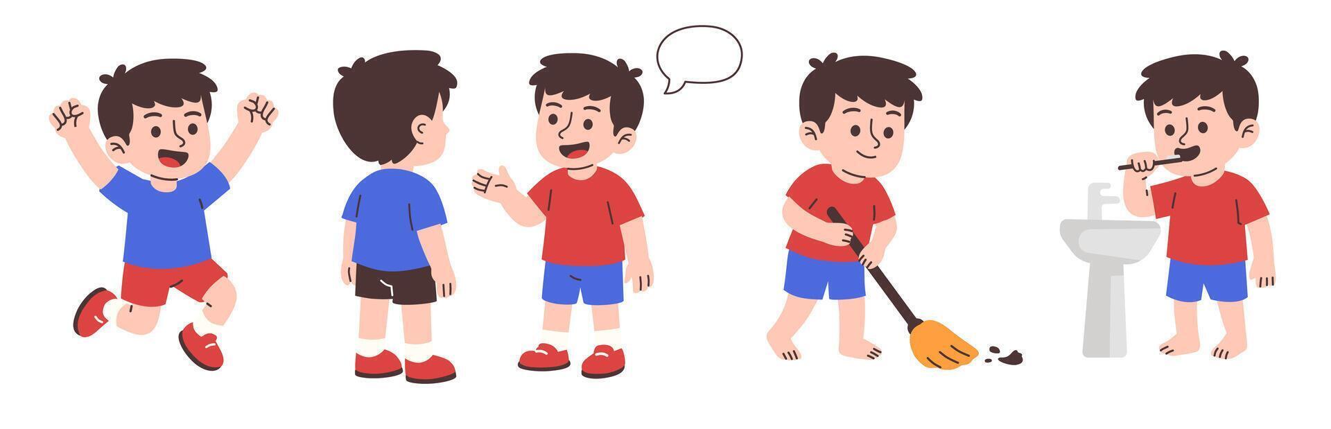 Cartoon illustration of a boy showcasing various daily activities, including brushing teeth, talking, jumping and sweeping. vector
