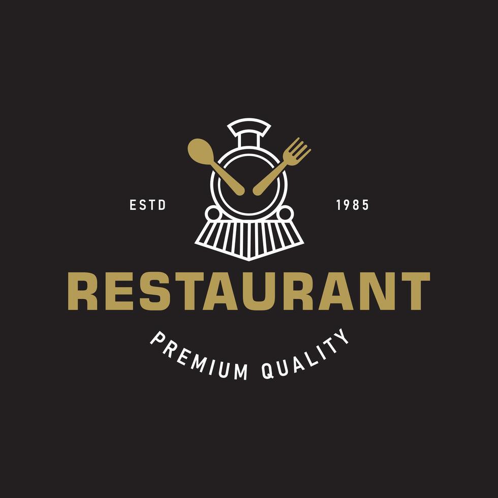 Train with Spoon and Fork in Retro Vintage Style for Retro Themed Restaurant or Cafe logo design Black Background vector