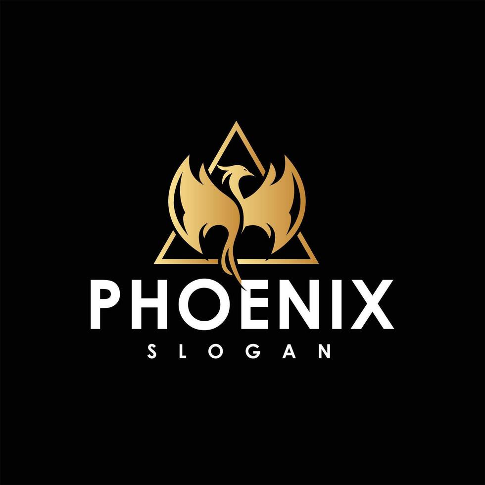 Golden Phoenix Bird in Flight with Triangle Phoenix Bird Logo Design Black Background vector