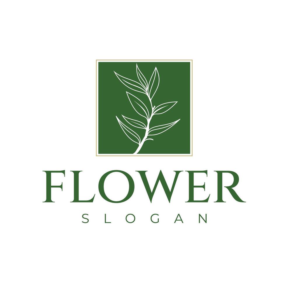 Botanical Flower Logo Design with Green Rectangle Frame Gold Line. Modern Vintage Line Design Template vector