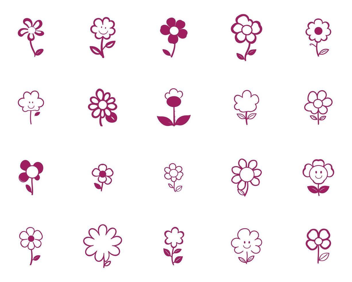 Cute hand-drawn purple flower collection on white background for creative design vector