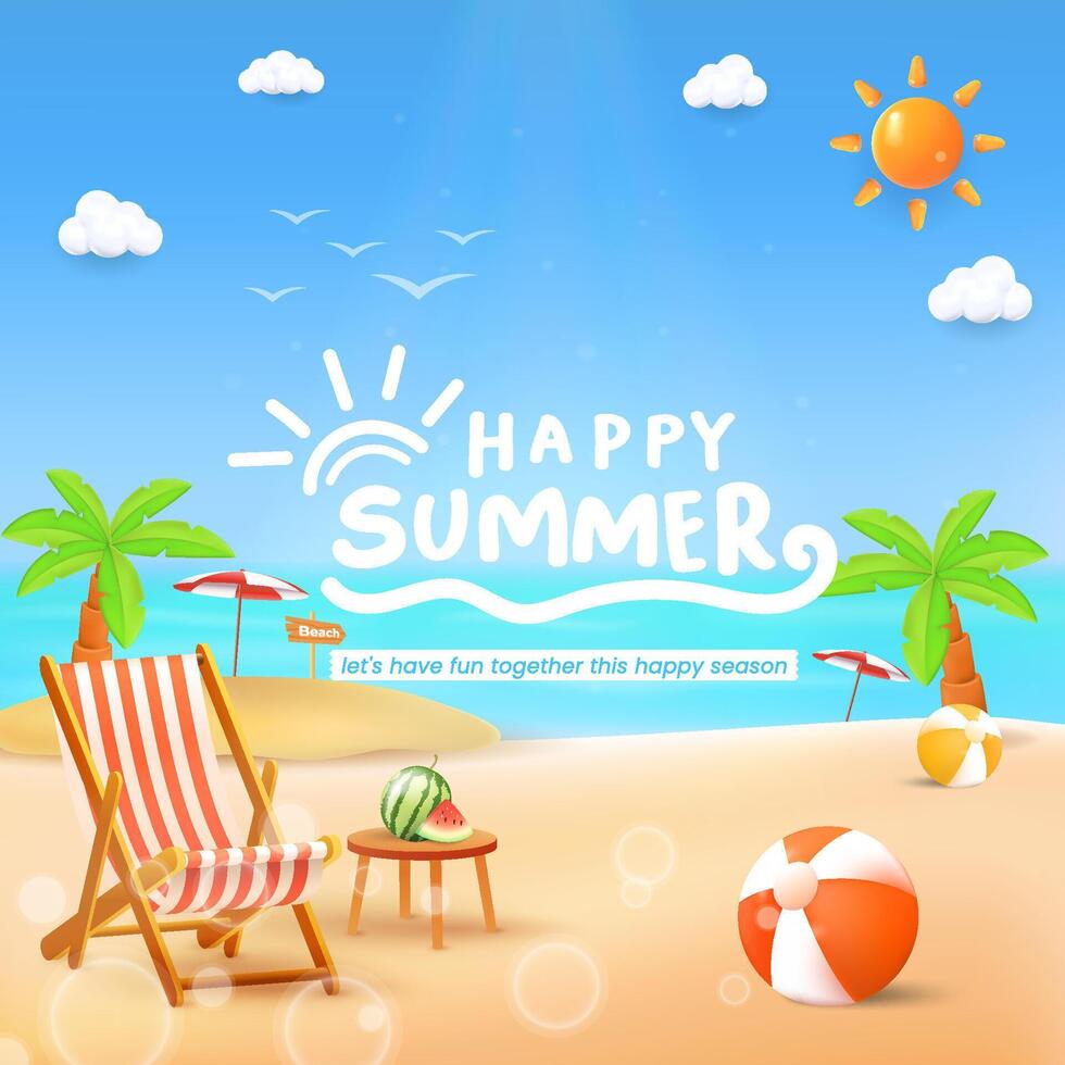 Happy Summer Beach Scene with Chair, Palm Trees, and Decorations vector