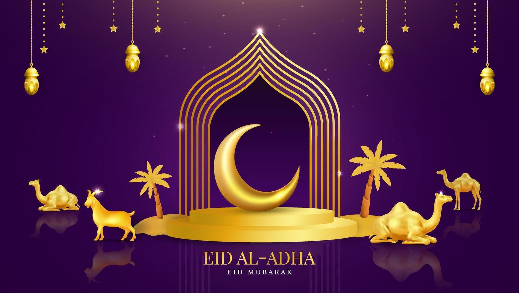 Elegant Eid Al Adha Celebration Scene with Moon and Lanterns vector