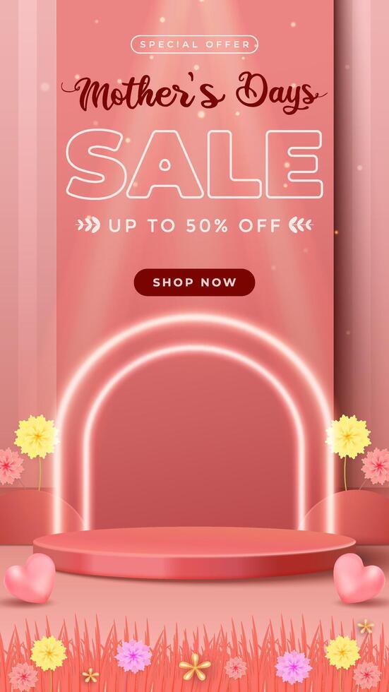 Vertical Elegant Mothers Day Sale Poster with Floral, Podium and Heart vector