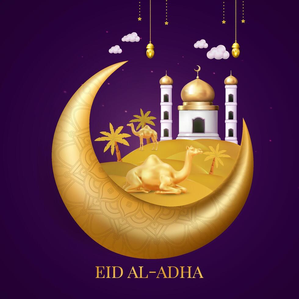Eid al Adha Celebration With Crescent Moon, Mosque, and Golden Camel vector