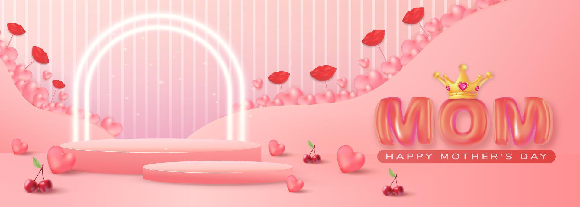 Mothers Day Celebration Banner with Pink Hearts, podium and Festive Design vector