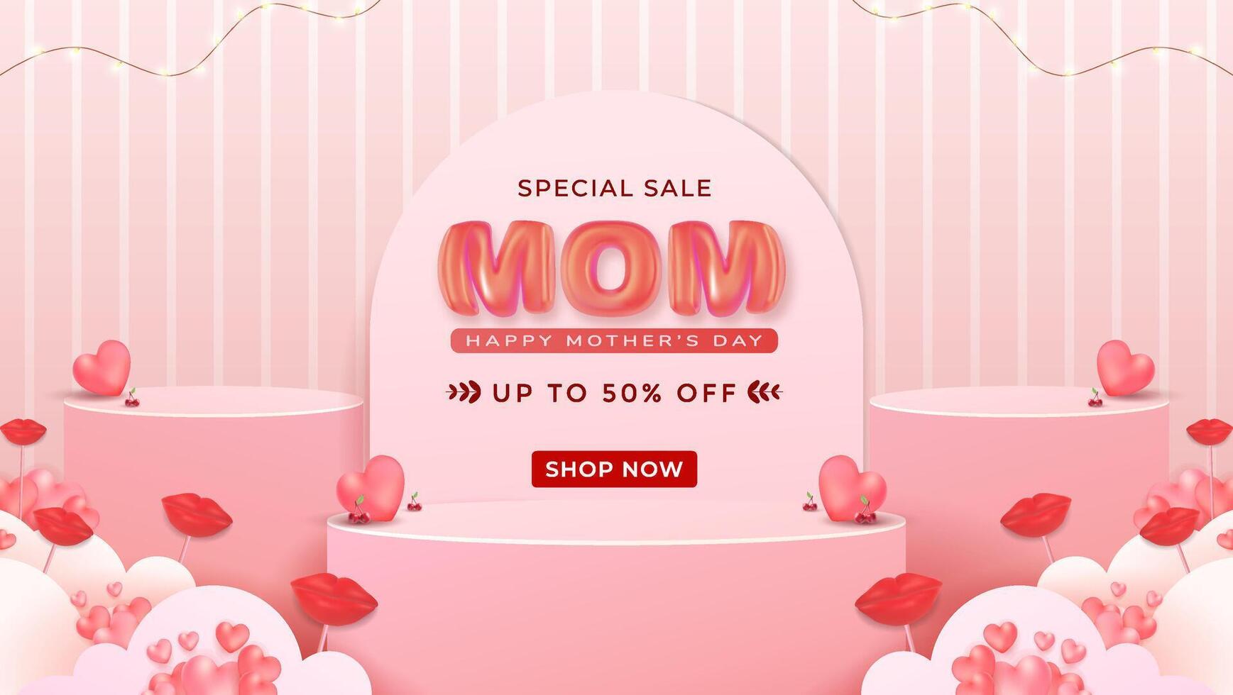 Mothers Day Sale Banner with Pink Background, Podium and Floating Hearts vector