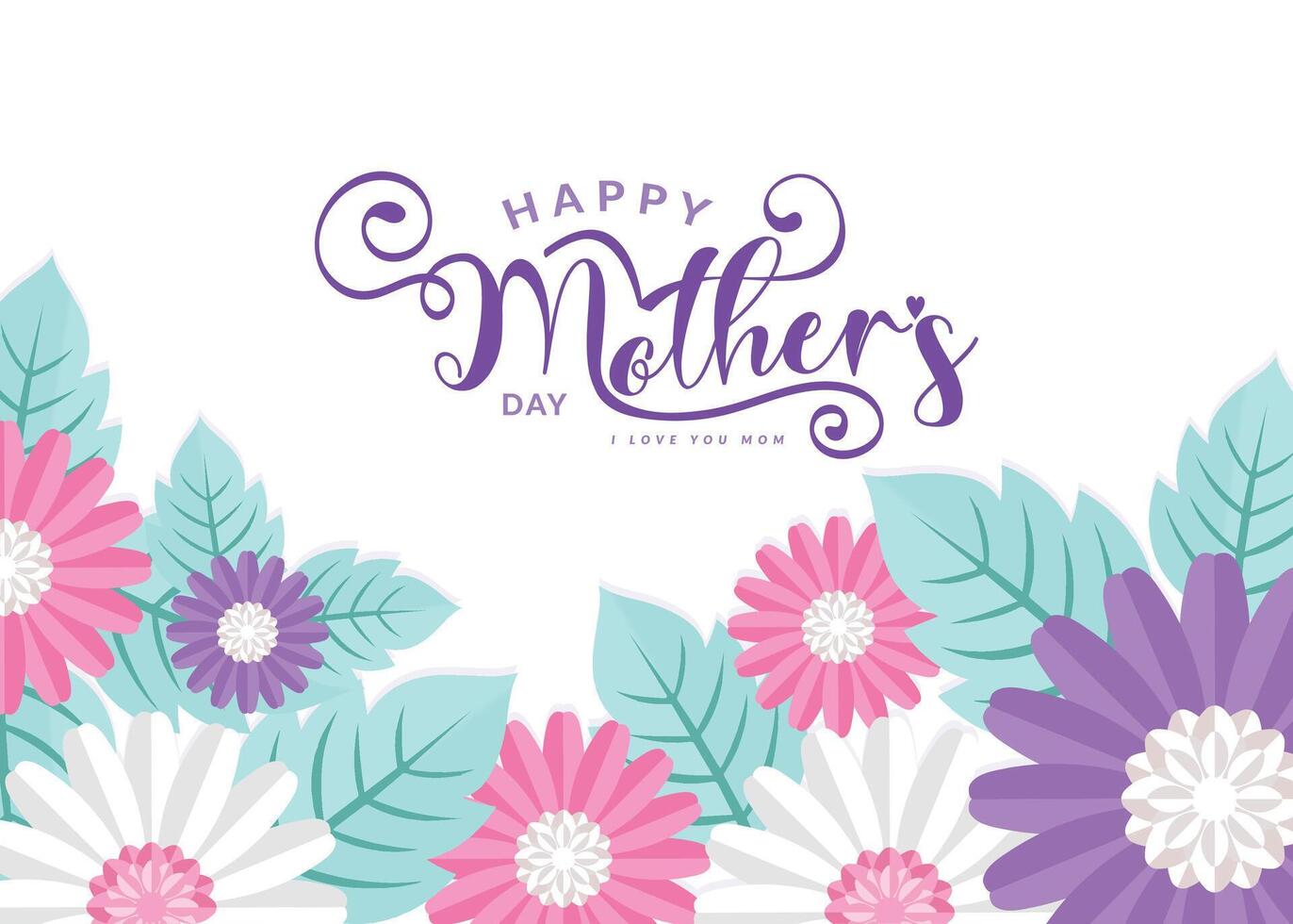 Happy Mothers Day typography design featuring elegant handwritten calligraphy with 3D paper cut flowers and leaves on a clean white background. Beautiful illustration vector