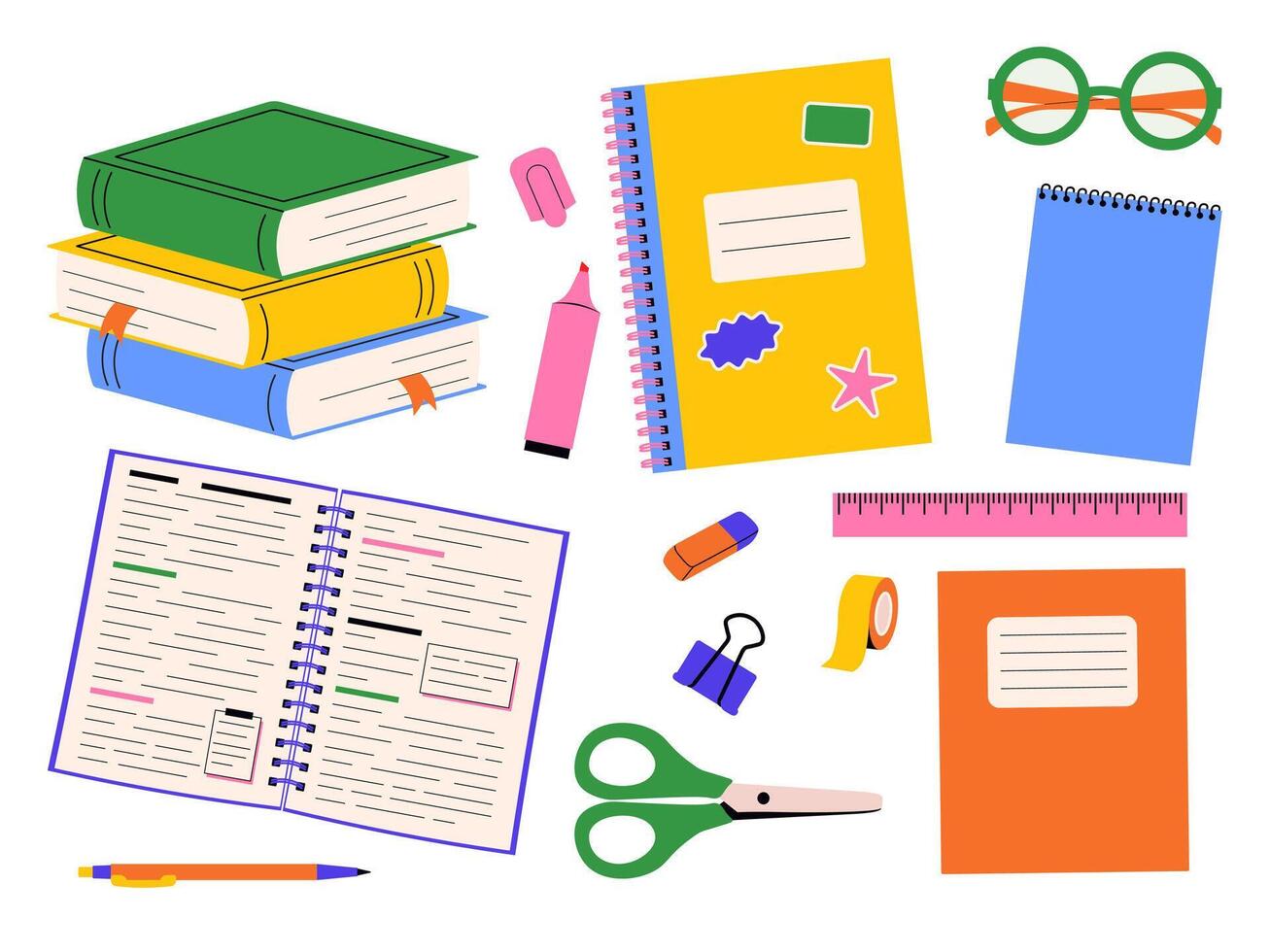Set of colorful school supplies. Back to school stationery collection for student equipment and office vector